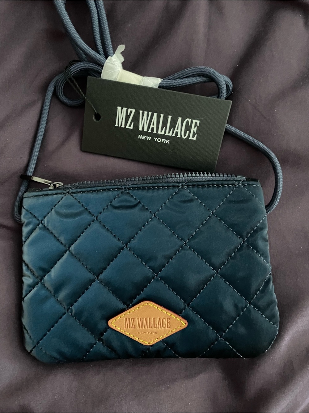MZ Wallace Quilted Mini Crossbody in Deep Navy with Tan Leather Logo